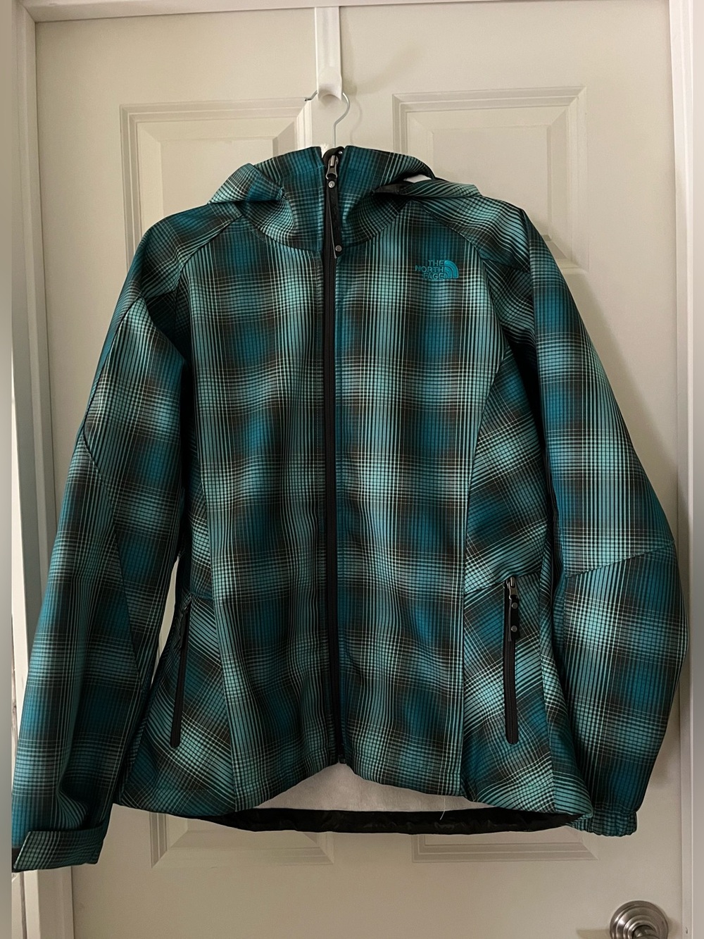 Women’s The North Face Apex Plaid Softshell Hooded Jacket Teal Zipped Winter XL